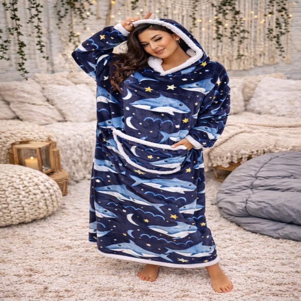 Shark Hoodie Blanket Pullover Long Sleeves Dress | Cozy Oversized Lounge Pajamas